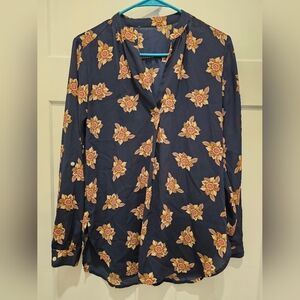 Women's Blue Blouse Floral Print Pullover Tunic V-Neck Size Small